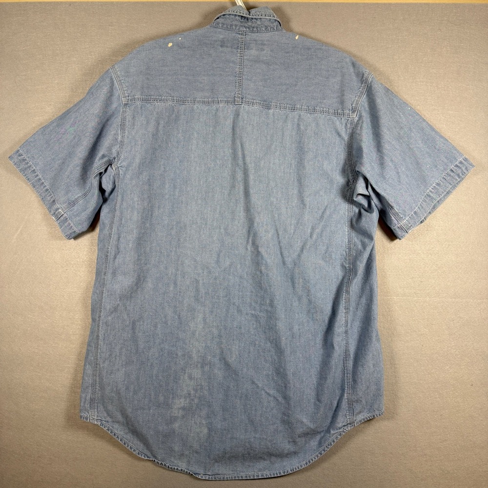 Wrangler Mens Shirt Riggs Workwear L Blue Denim 2-Pocket Distressed Short Sleeve - Picture 6 of 8